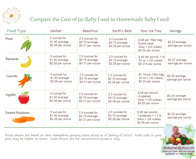 A chart showing cost of premade baby food vs. making your own