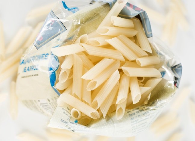 open bag of penne pasta