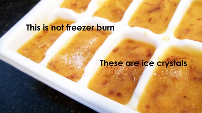 baby food cubes with ice crystals, not freezer burn
